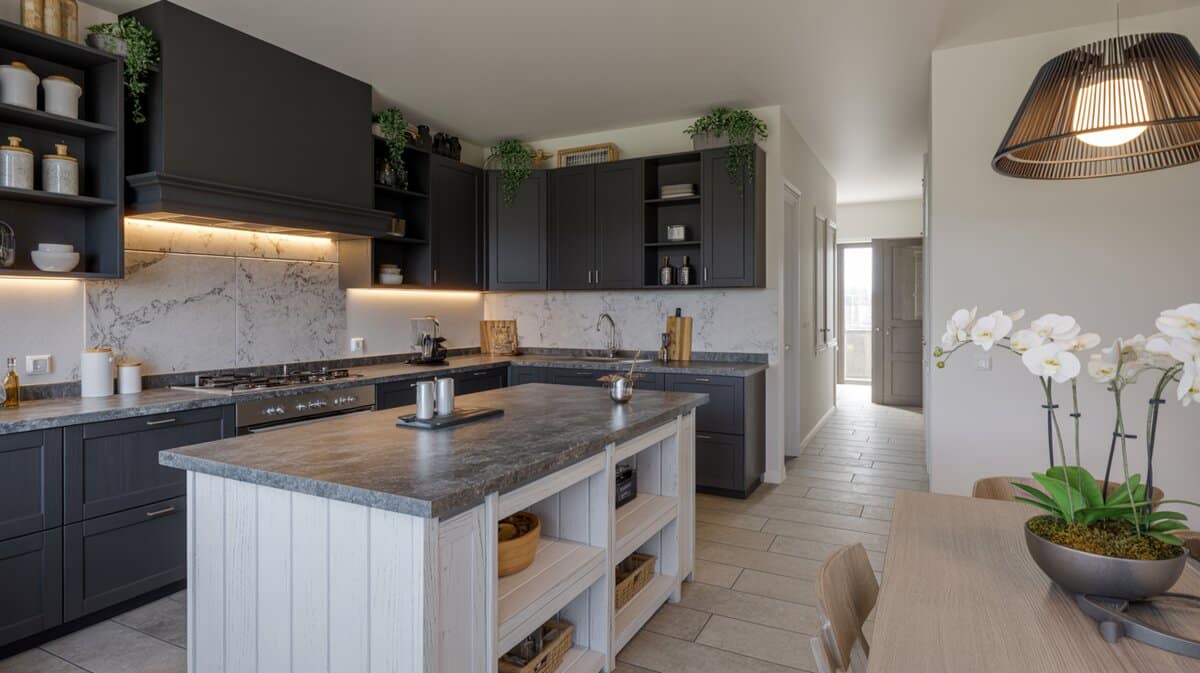 Charcoal cabinets with whitewashed island, marble backsplash and orchid dining table