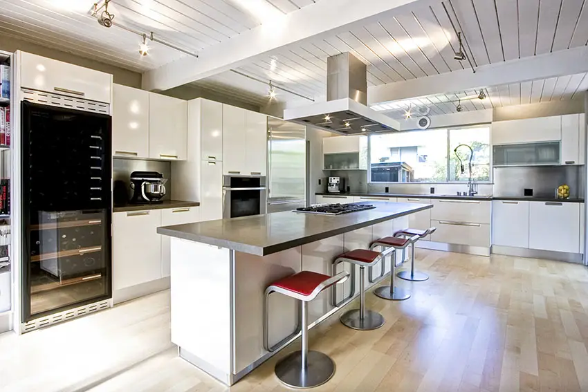 Beautiful modern l shaped kitchen with breakfast bar island and bar stools
