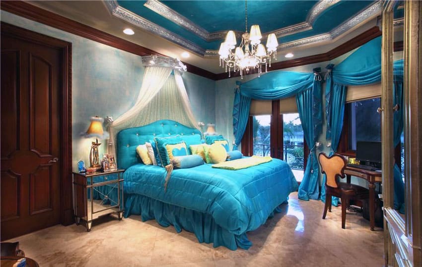 Beautiful teal bedroom with princess bed curtain and tray ceiling