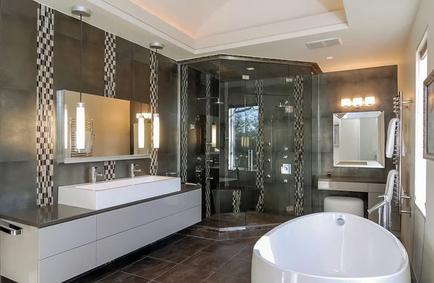 Black and white color bathroom with porcelain tile flooring and large soaking tub