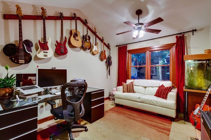 Cheap hangout with guitar collection