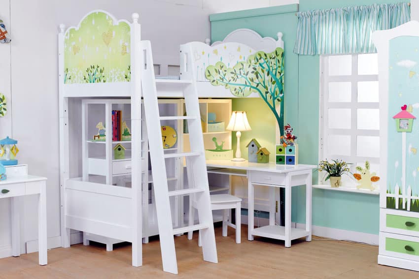 Kids bedroom with white treehouse bunk bed
