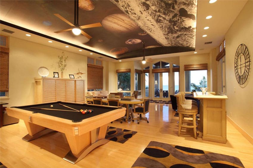 Contemporary game room with space wall mural ceiling feature