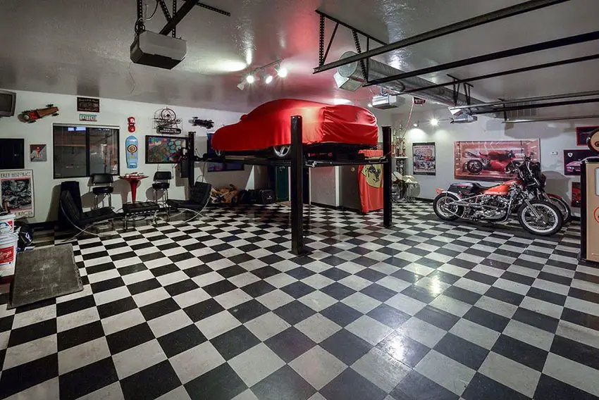 Contemporary garage with black and white checkered floors