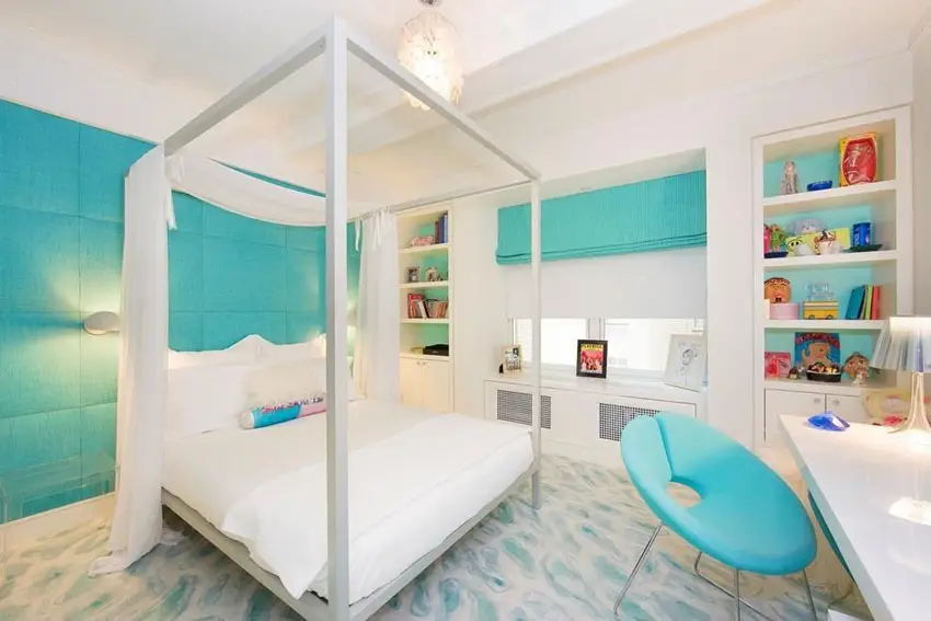 Contemporary teal bedroom with fabric walls, modern high post bed and tray ceiling