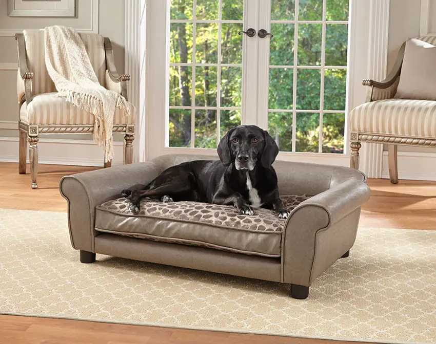 Faux leather dog seat with black dog lying on it