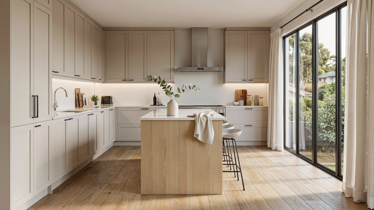 Contemporary greige kitchen with light oak island and wide plank flooring