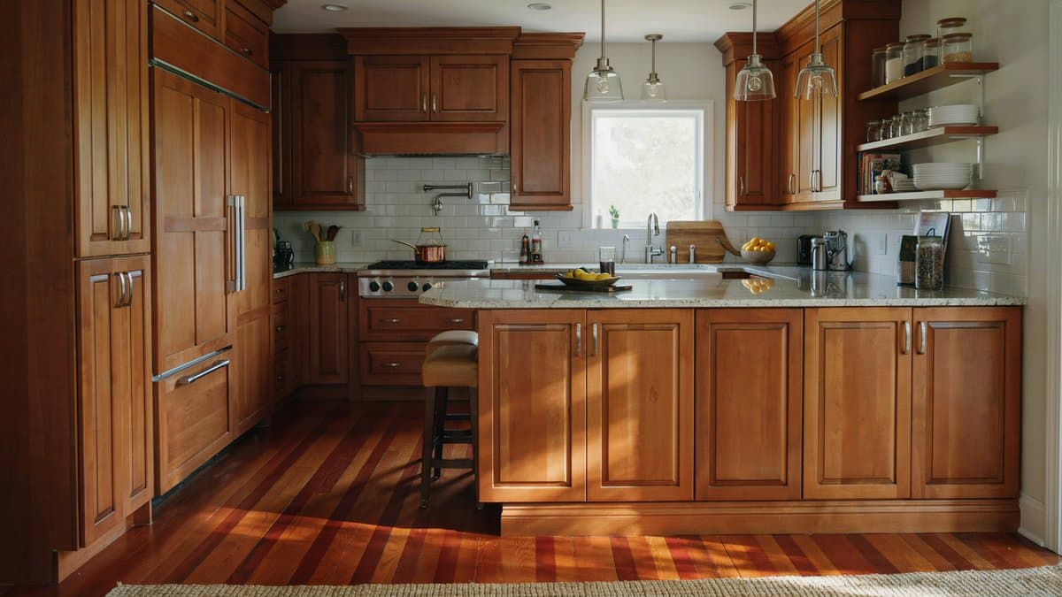 Warm cherry stained traditional kitchen above deep reddish mahogany plank flooring