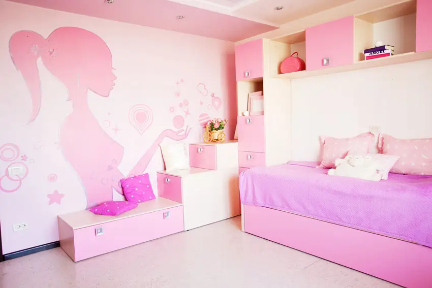 Pink girls room with wall mural
