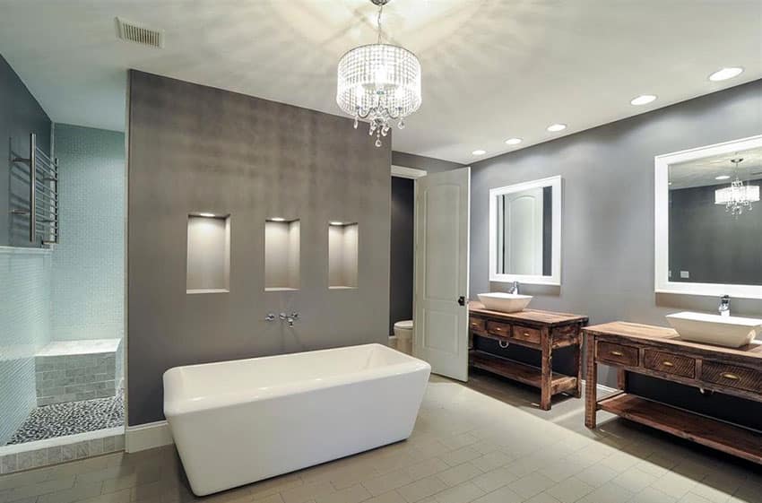 Gray modern master bathroom with drum chandelier