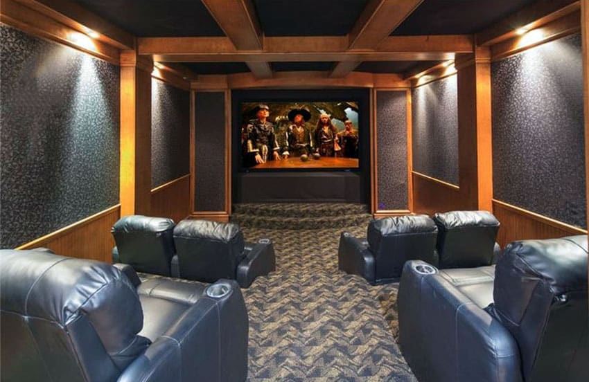 Home theater movie room with leather seats