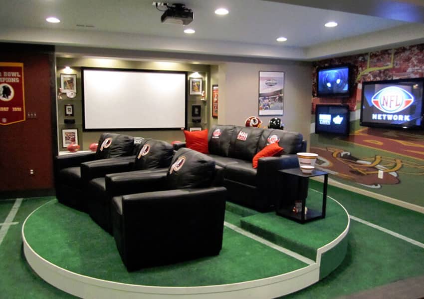 Home theater with leather seating and multiple big screen tvs