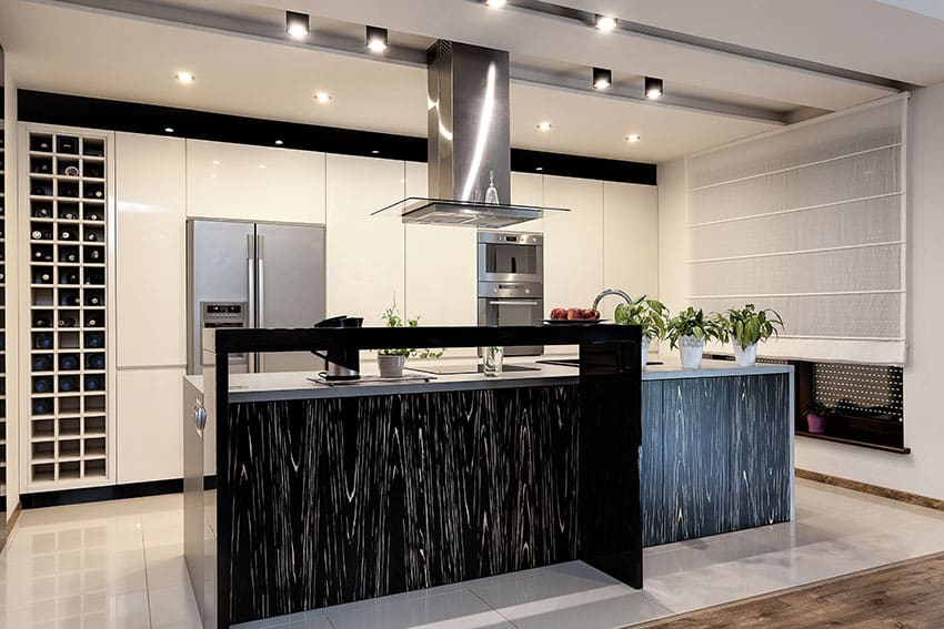 Modern kitchen with white cabinets and contrasting black textured island