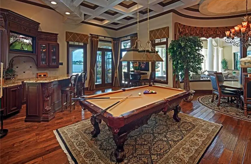 Billiards room with wooden features