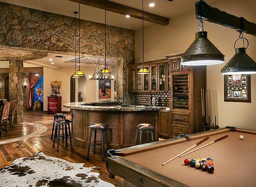 Man cave lounge with pool table