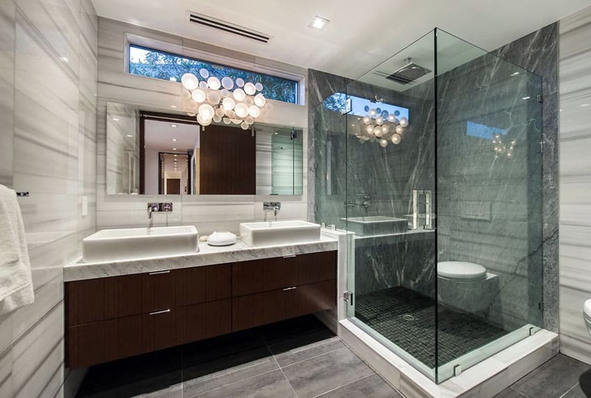 Modern bathroom with black and white marble tile