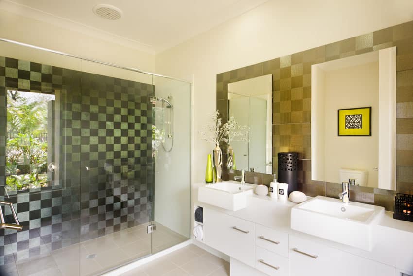 Modern bathroom with checkered pattern shower