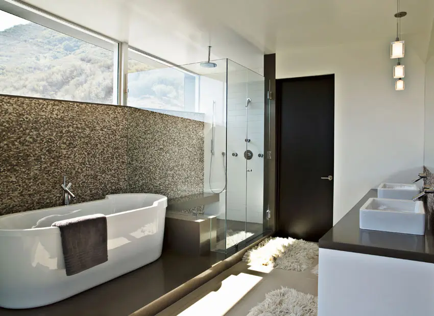 Modern bathroom with gold mosaic tile