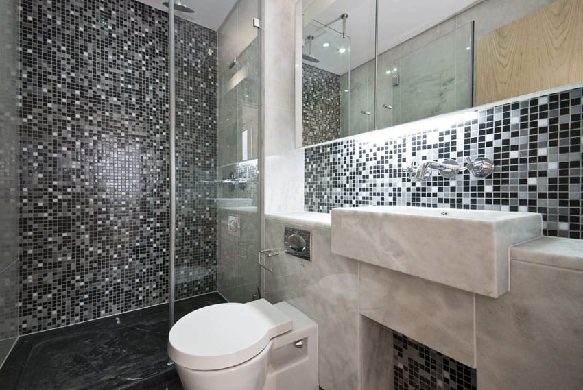 Modern bathroom with metallic mosaic wall tile