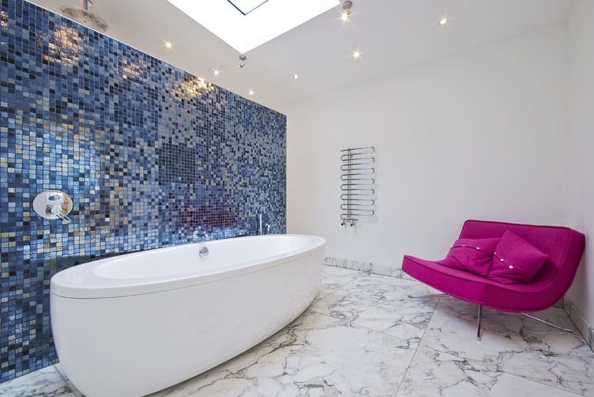 Bathroom with blue mosaic tile accent wall