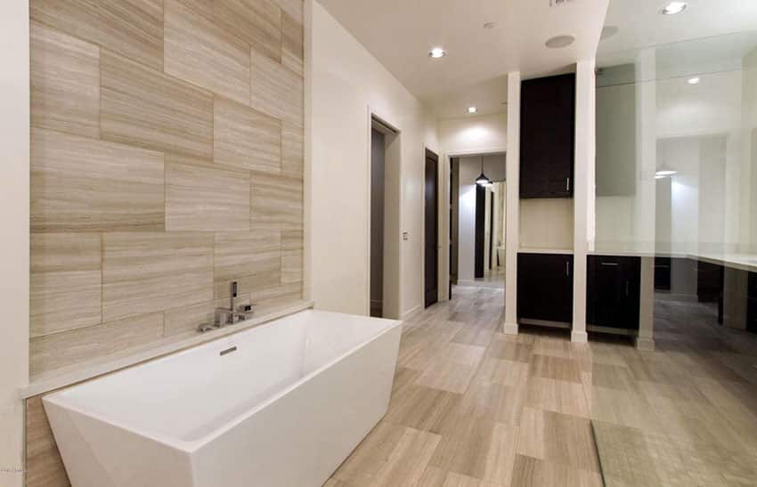 Stylish bathroom with porcelain walls and flooring