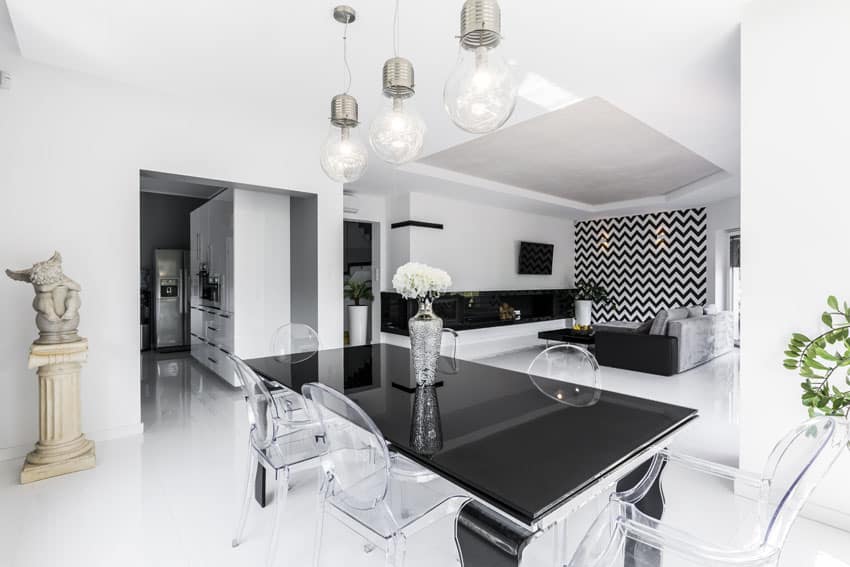 Modern black and white room with see-through chairs