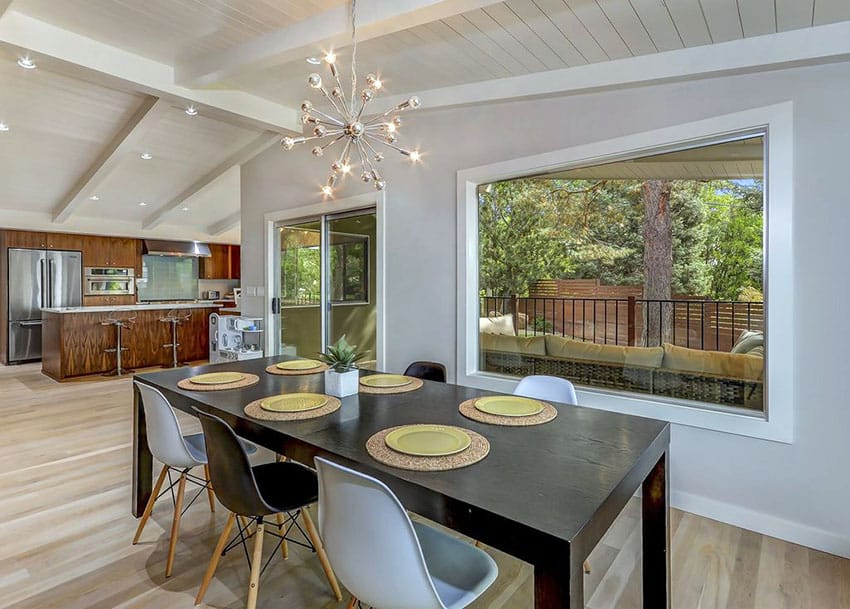 Room with brown espresso table and mismatched color chairs