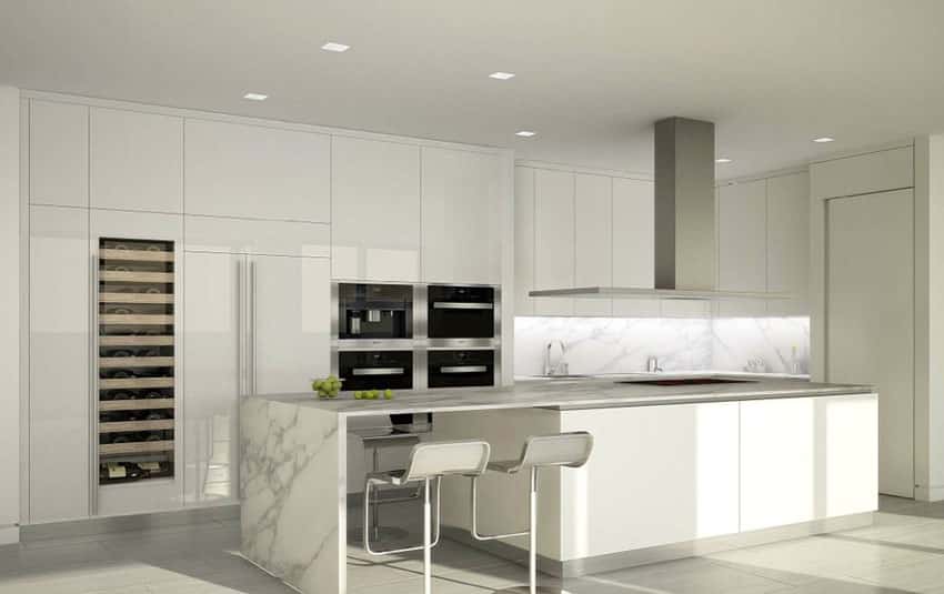 Modern kitchen with white marble waterfall island and backsplash and white cabinets