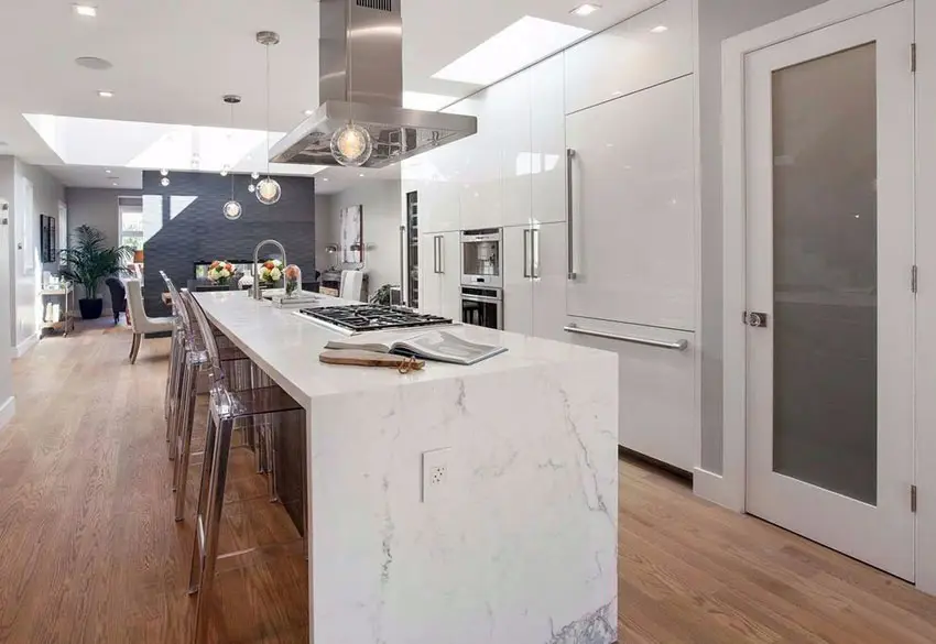 Modern white kitchen with calacatta marble island and miele built in appliances