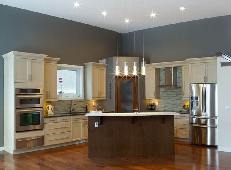 kitchen with espresso cabnets and light gray walls