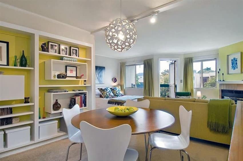 Retro dining area with yellow decor and large globe light