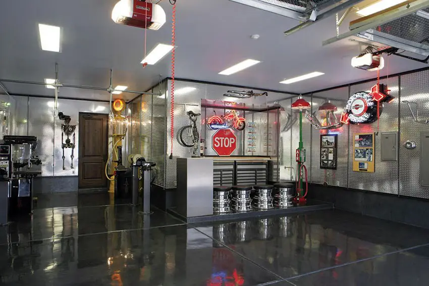 Retro garage with ceiling lights and polished black floors