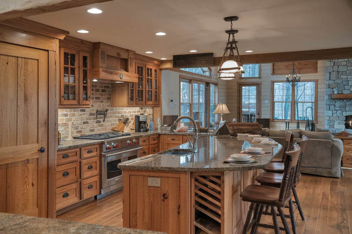 Rustic kitchen with dark granite breakfast bar, island basin sink and recessed panel cabinets