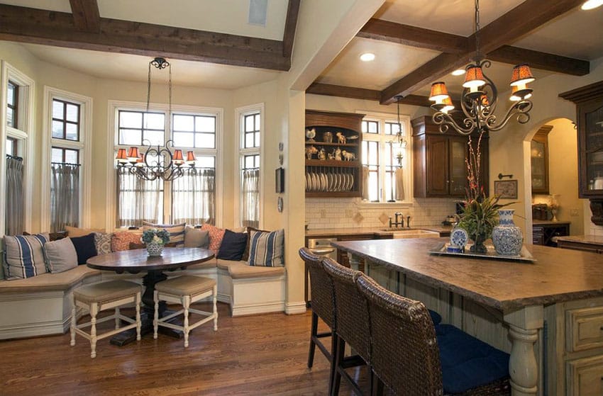 Rustic kitchen with coffered ceiling and cafe curtains
