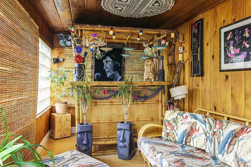 Swanky room with tiki bar and bamboo decor