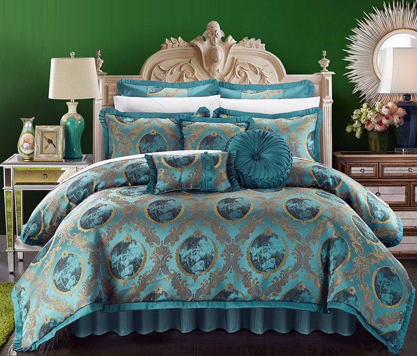 Teal bedroom comforter set romeo and juliet 9 pieces
