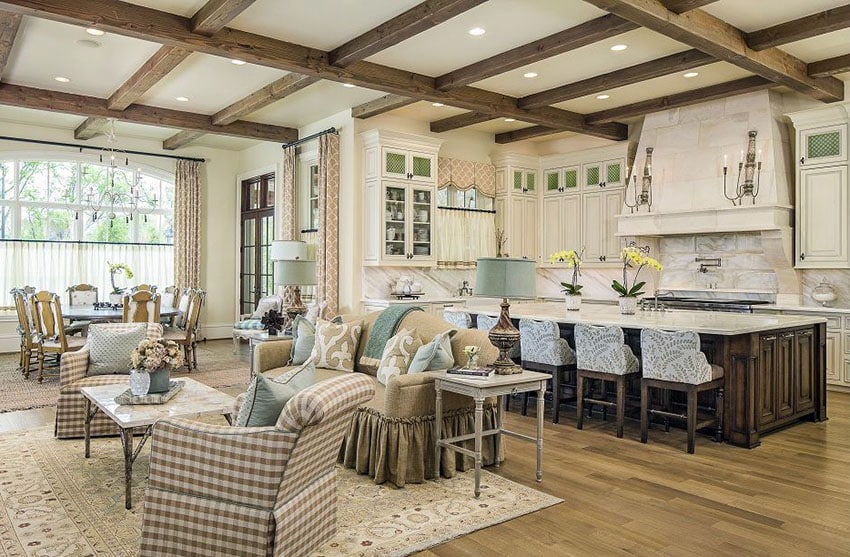 Craftsman kitchen with exposed wood beams and engineered oak floors