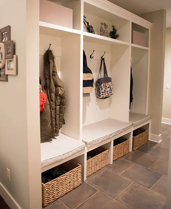 Traditional mud room with wicker basket storage