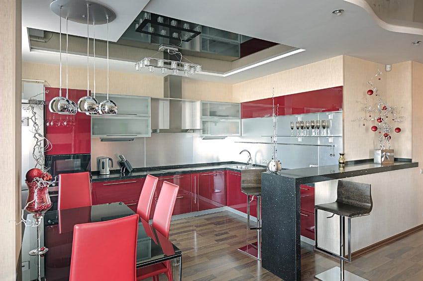 Black and red modern kitchen with dining peninsula