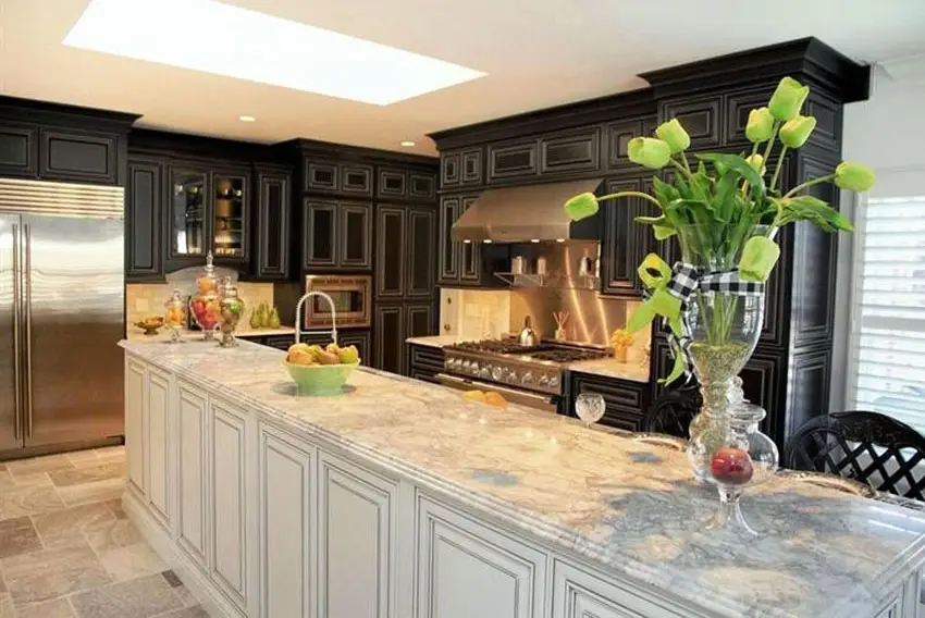 Black cabinet kitchen with white painted island