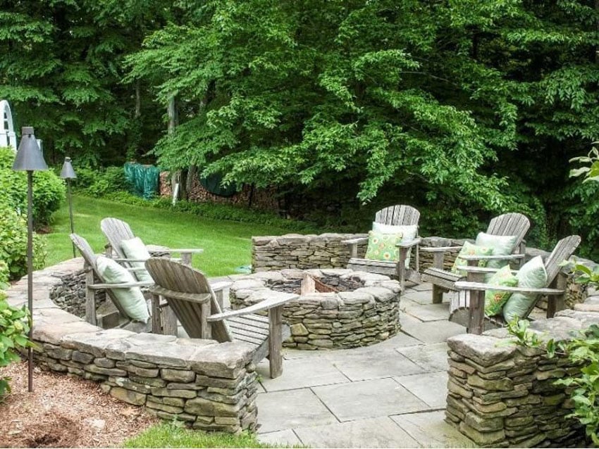 Bluestone patio with rustic stacked stone fire pit