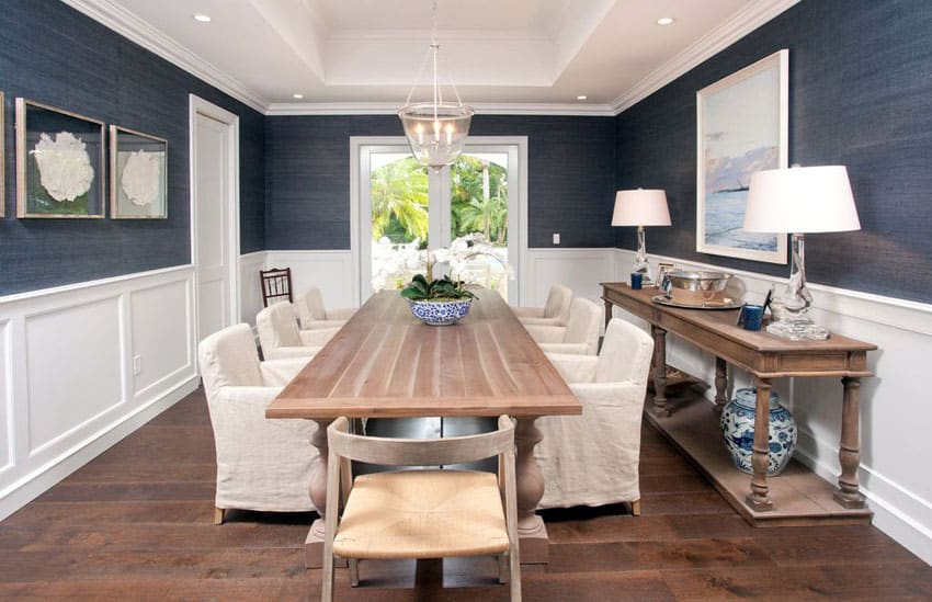 Coastal style blue and white dining room