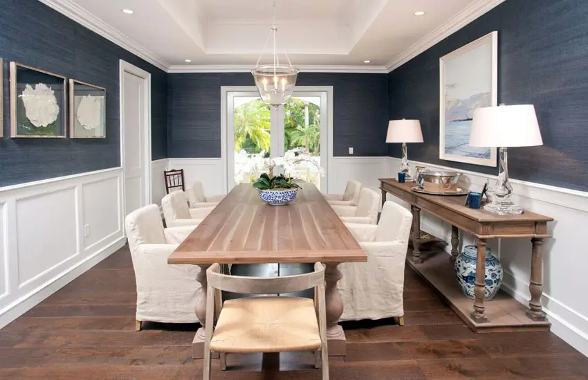 Coastal style dining room with wainscoting