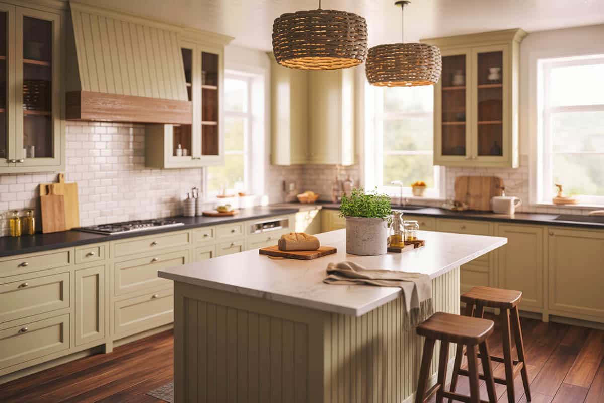 Pale green cabinet kitchen with woven basket drum pendant over island