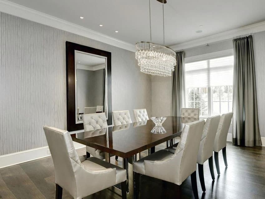 contemporary dining room with gray textured wallpaper 17