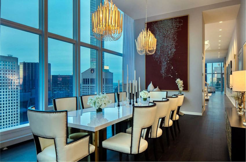 Contemporary formal dining room with city views