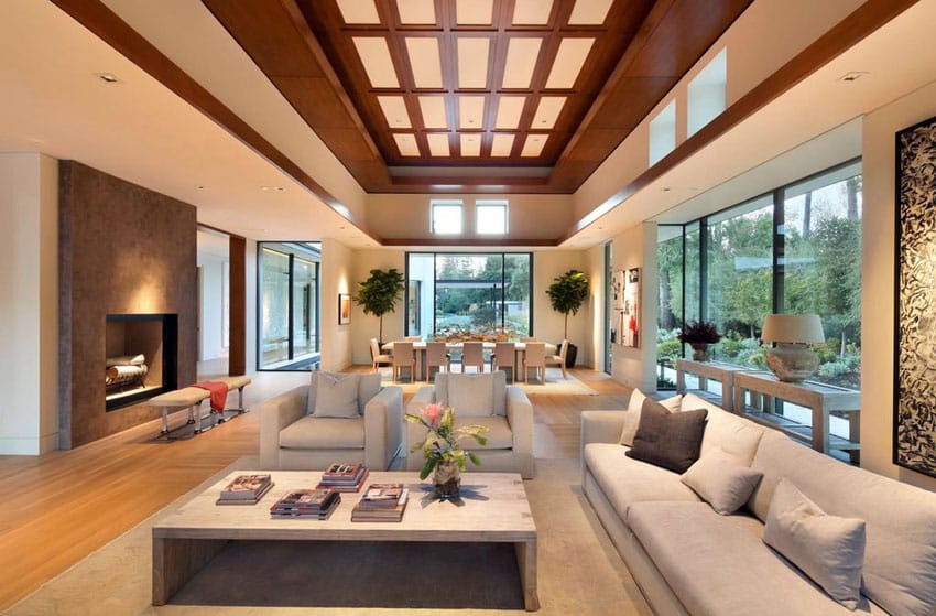 Contemporary living room design with decorative wood tray ceiling