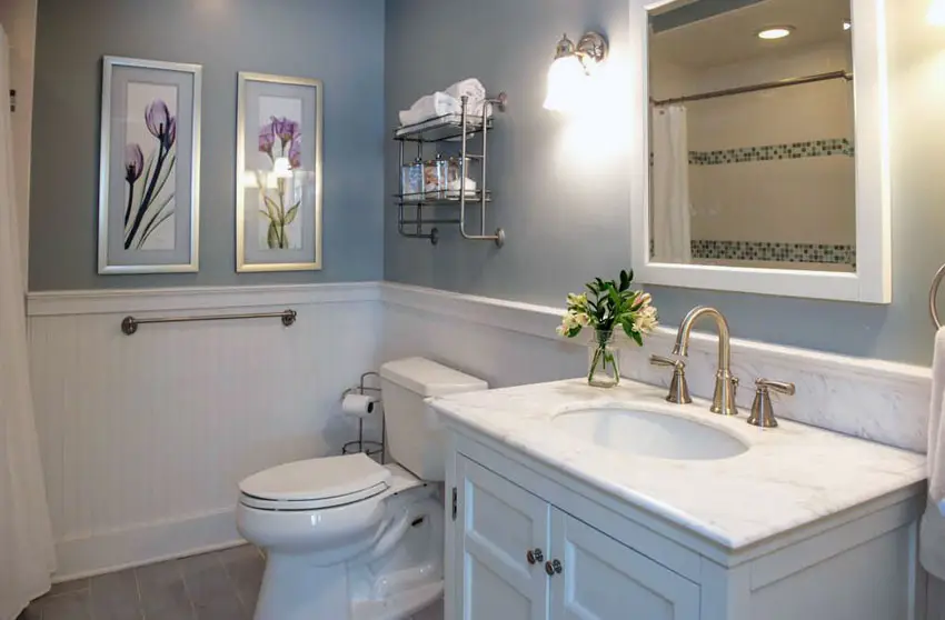 Cottage bathroom with wainscoting and chrome bath shelf