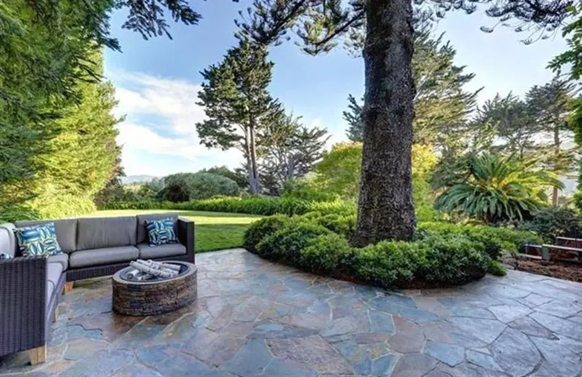 Backyard lounge with sandstone tiles and tree