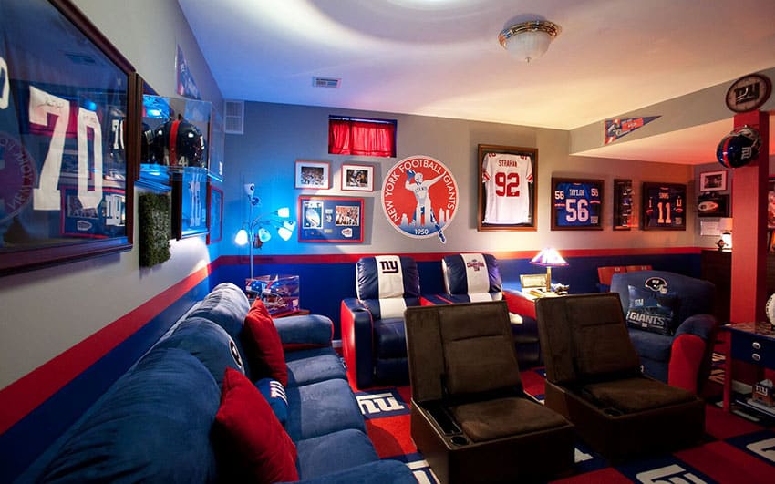 Football man cave with nfl team furniture and decor